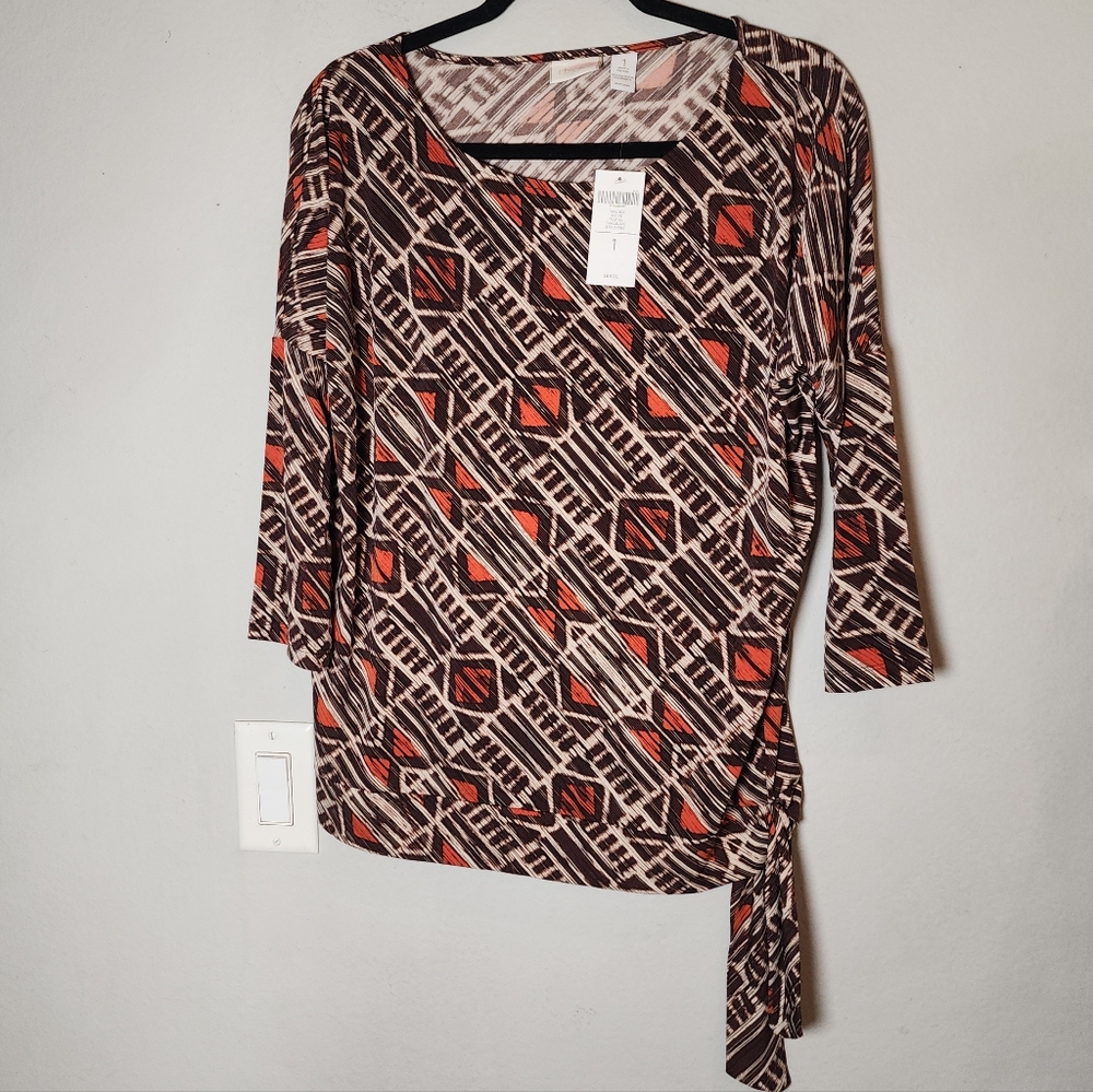 NWT Chico's Side Tie Stretchy Top Shirt Brown Orange Size 1 Medium